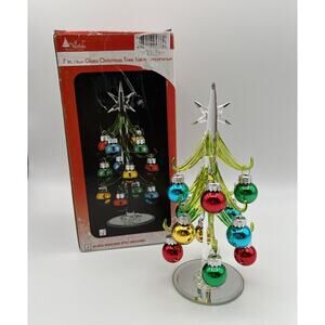 Hand Blown 7” Green Glass Christmas Tree w Colorful Ornament Balls Original Box
